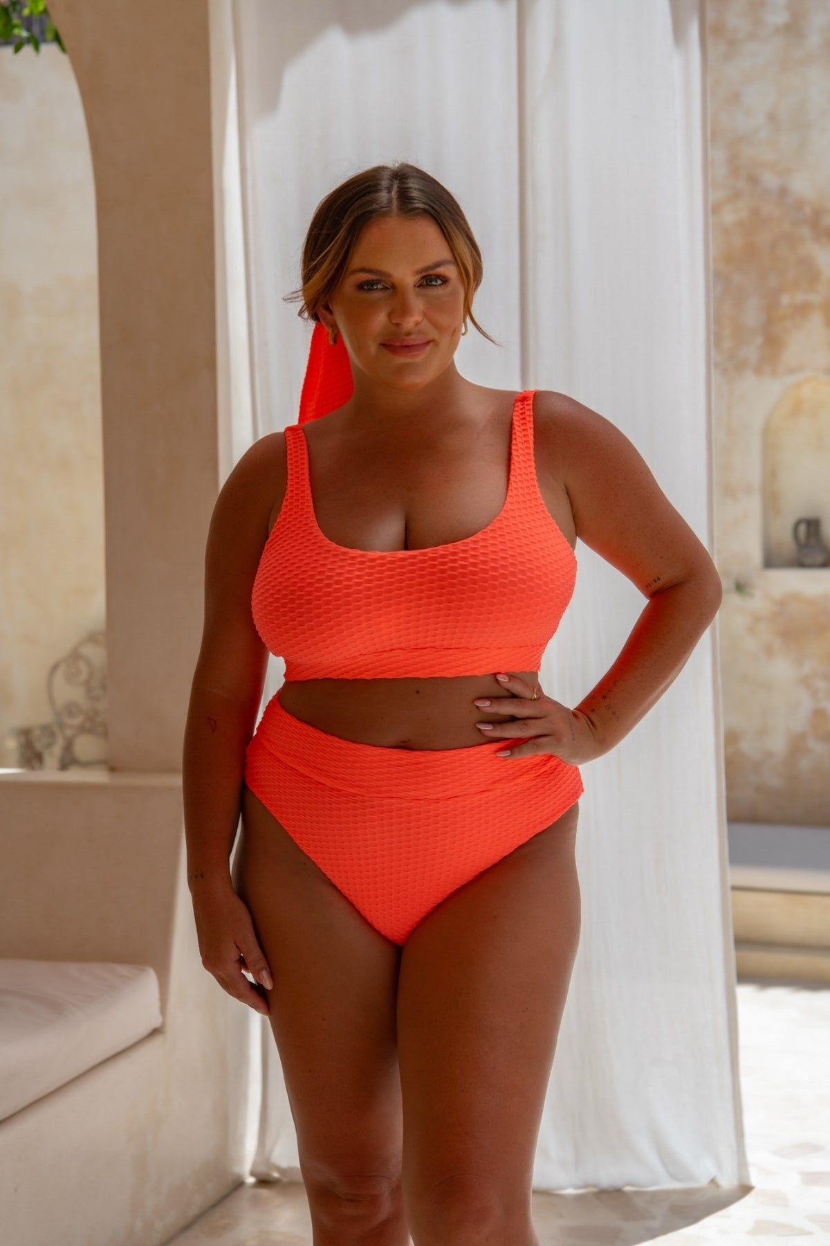 Gia Bikini Top - Fluro Waffle Watermelon