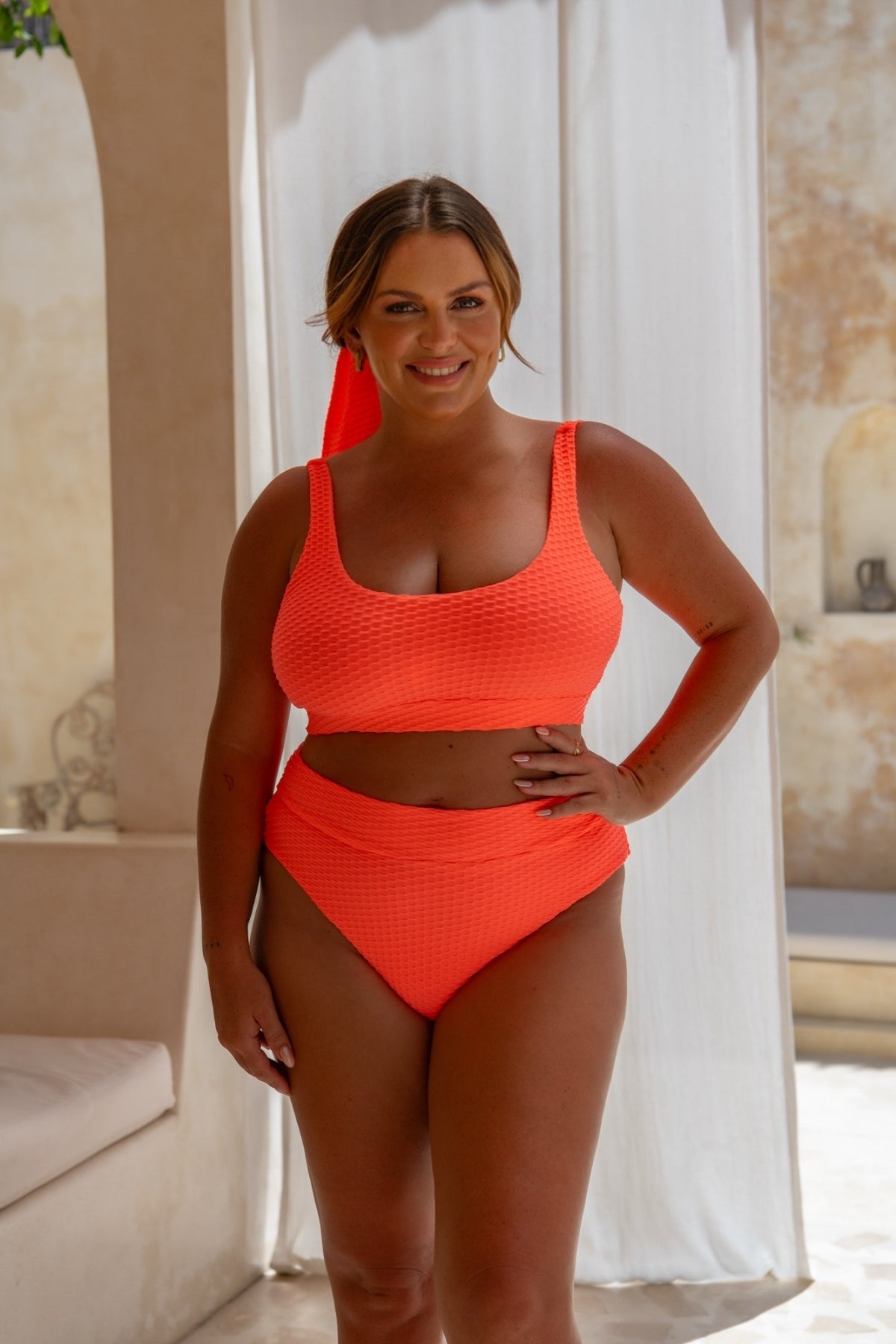 Gia Bikini Top - Fluro Waffle Watermelon