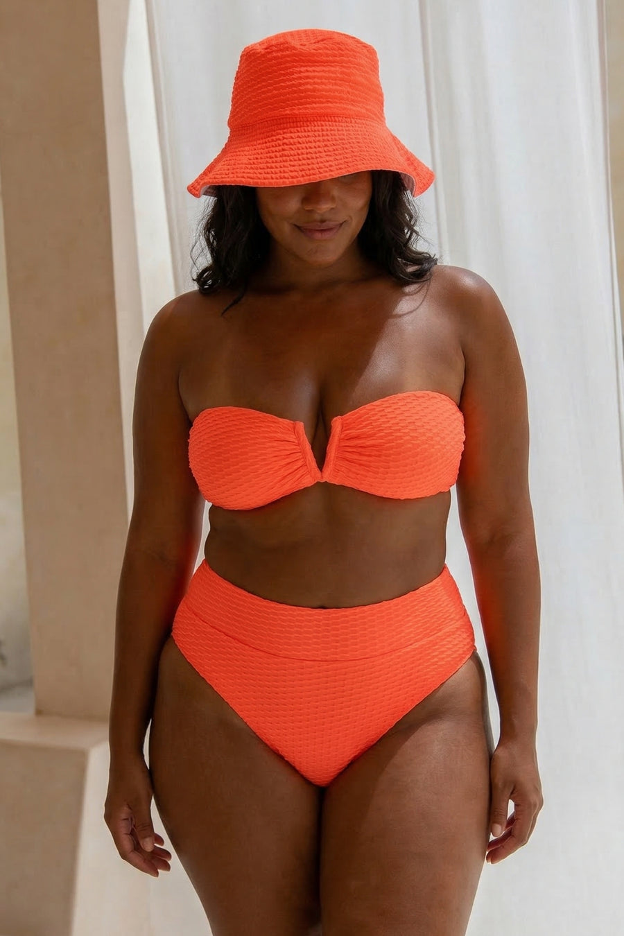 Scarlett Bandeau Top - Fluro Waffle Watermelon