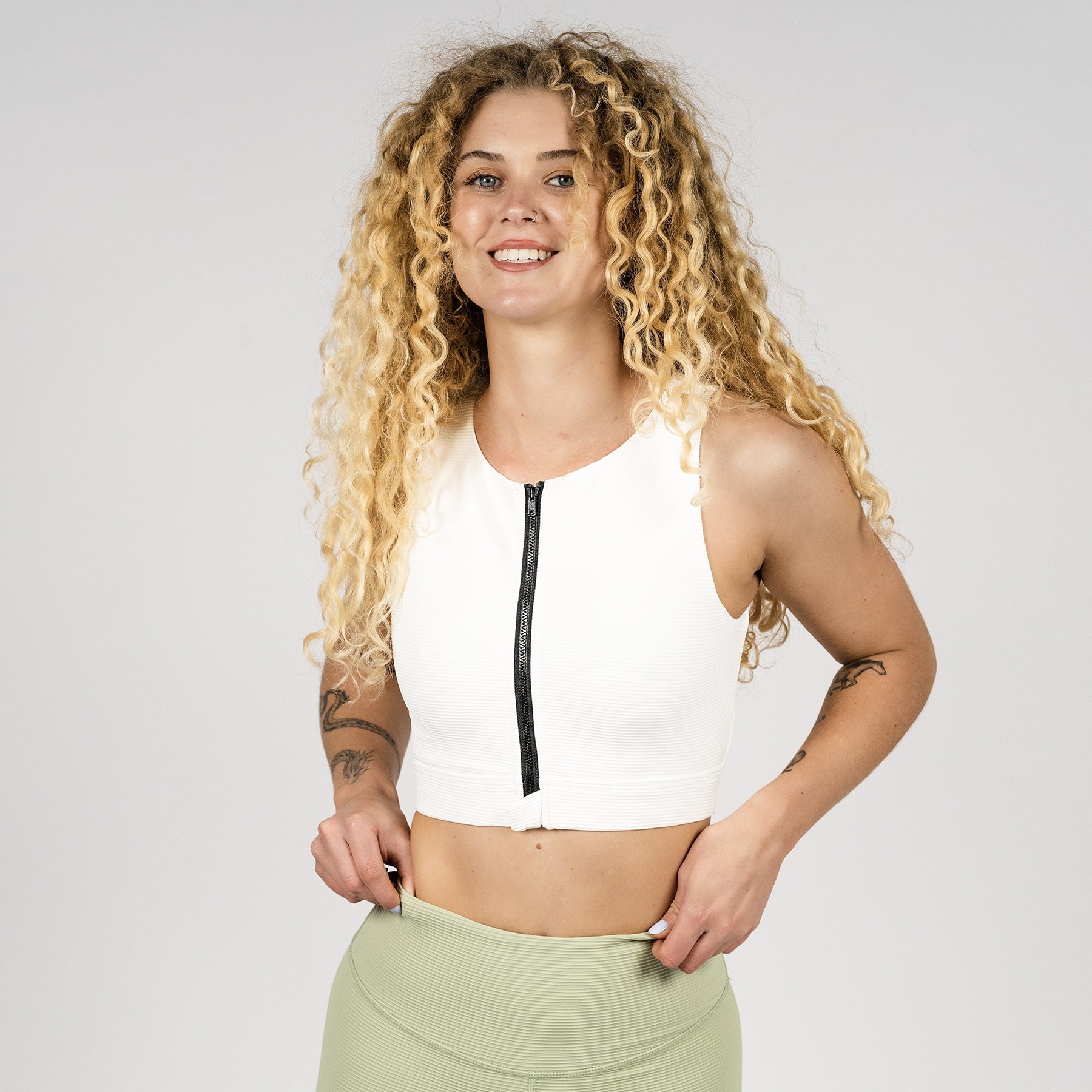 Serena Active Zip Crop Final Sale - White Ribbed