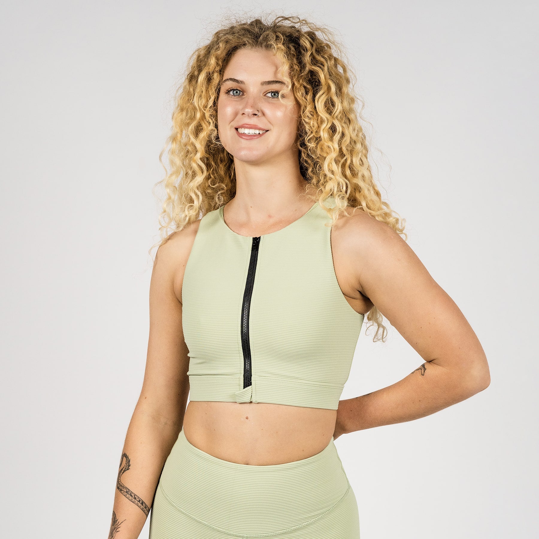 Serena Active Zip Crop Final Sale - Sage Green Ribbed