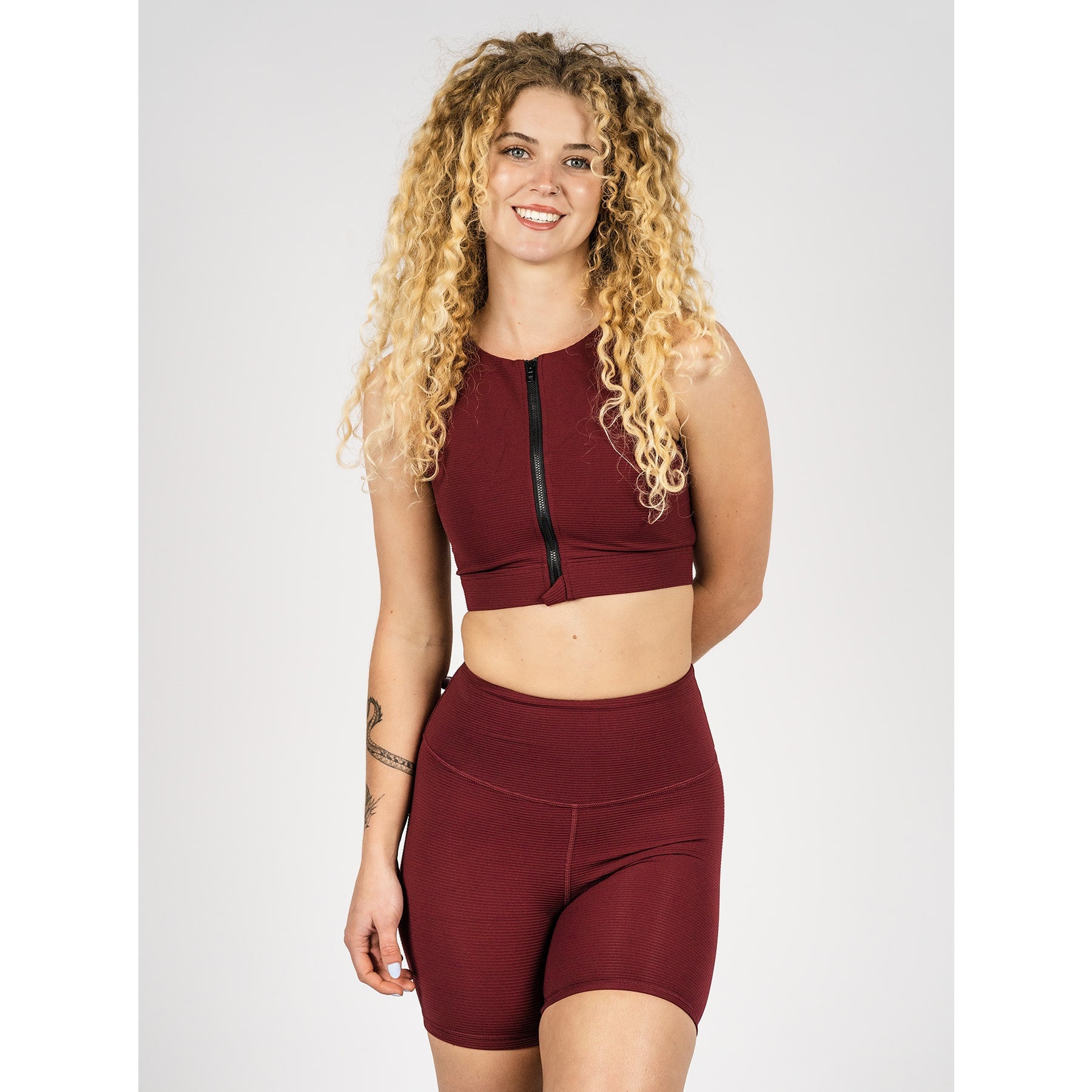 Serena Active Zip Crop Final Sale - Red Wine Ribbed