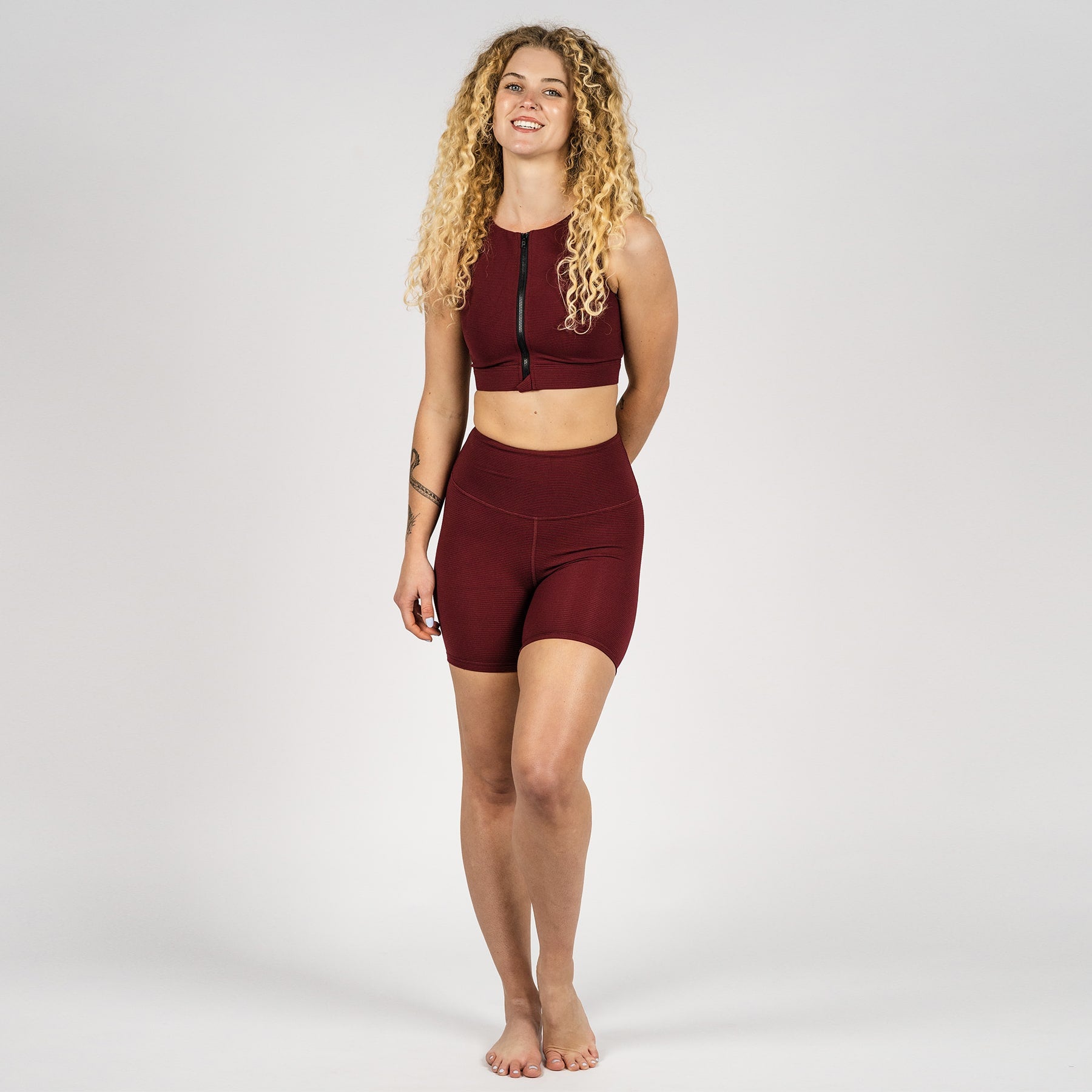 Serena Active Zip Crop Final Sale - Red Wine Ribbed