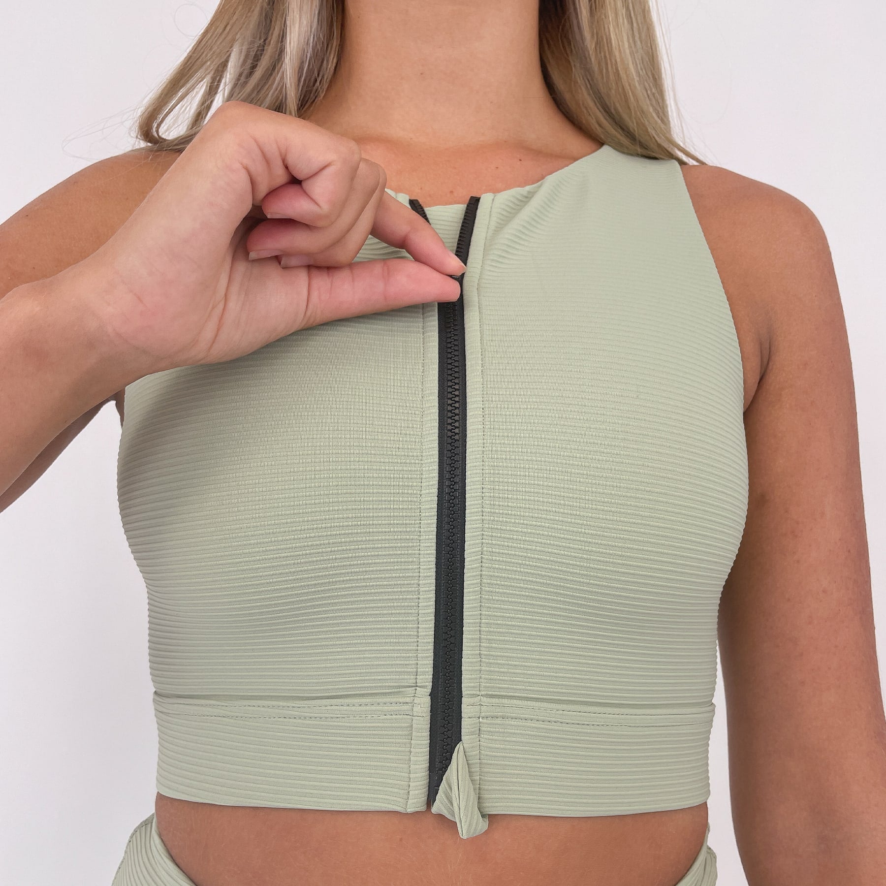 Serena Active Zip Crop Final Sale - Sage Green Ribbed